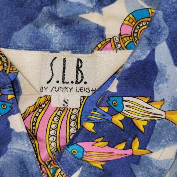 S.L.B. Ocean Tropical Fish Print Silk Blouse Blue Colorful Women's Size S - Picture 11 of 13
